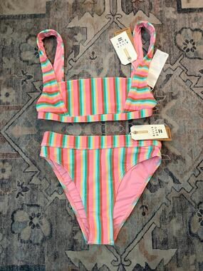 Billabong Tanlines Rib Bikini Set Top M Bottom S Maui Rider NWT Pink Stripe